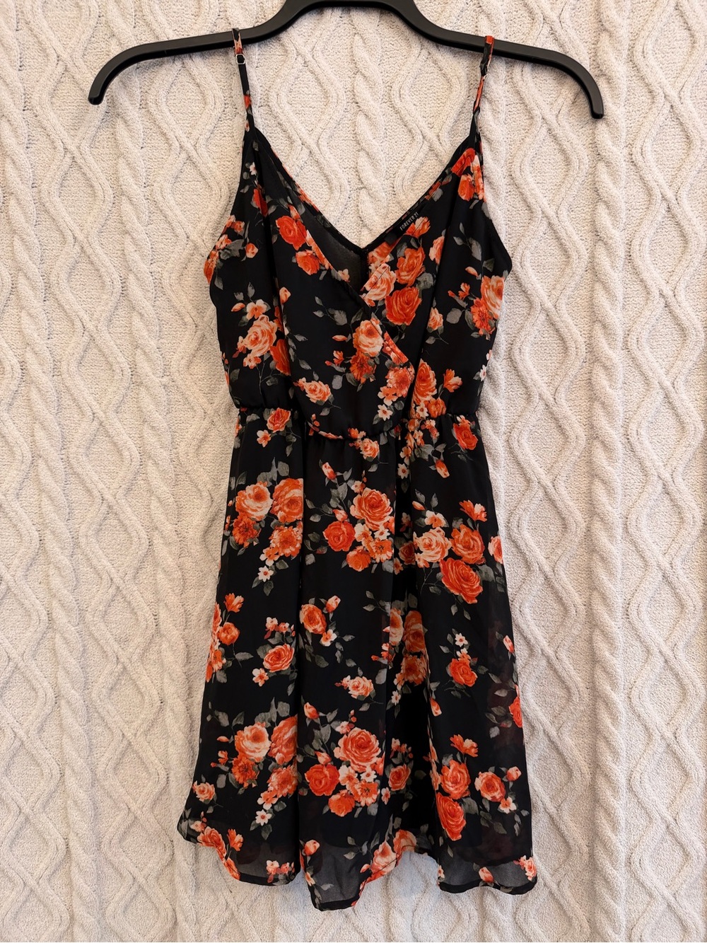 Floral V-Neck Spaghetti Strap Dress - Black with Orange Rose Print
